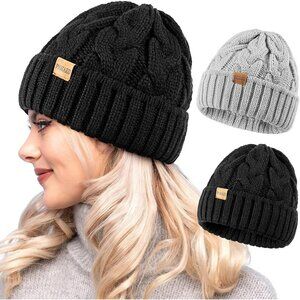 Women's Black Gray 2 Packs Stylish Winter Warm Knitted Beanie Skull Hat Cap